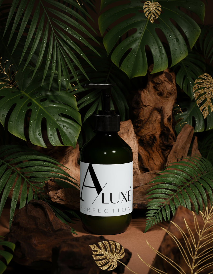 Green bottle with pump dispenser labeled 'Alyne' on a brown background with wooden elements.