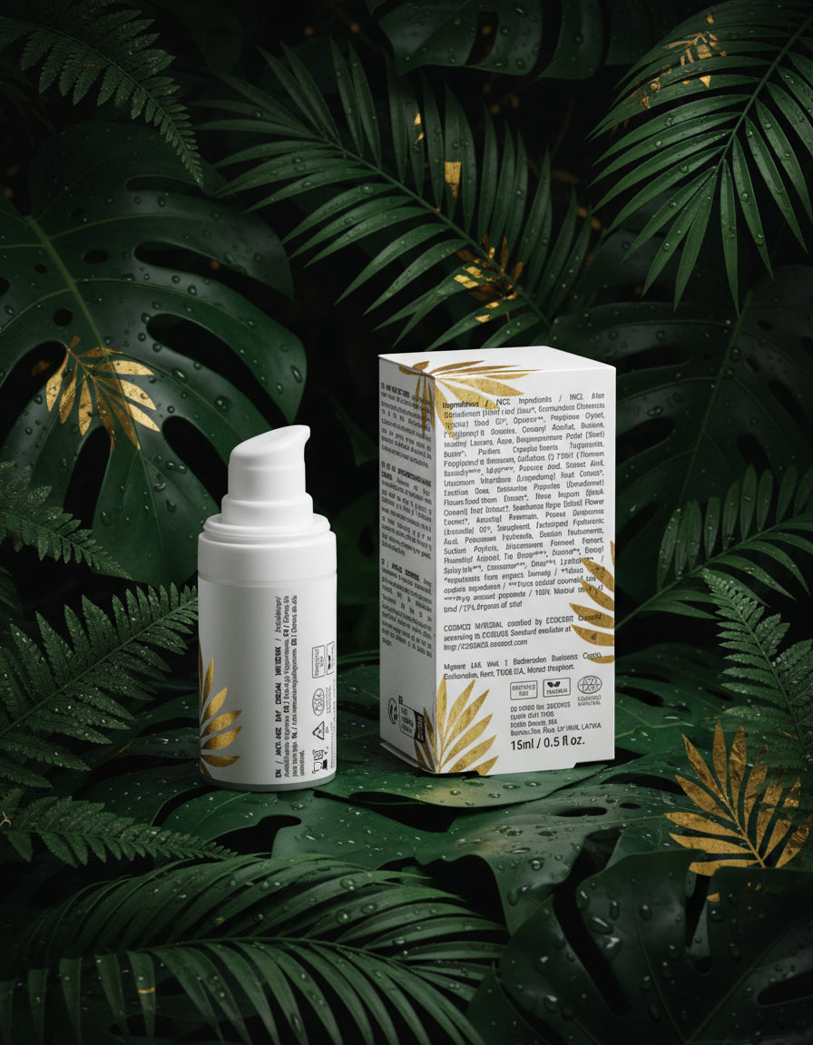 Skincare bottle with 'A'lux' branding on a white surface with greenery in the background