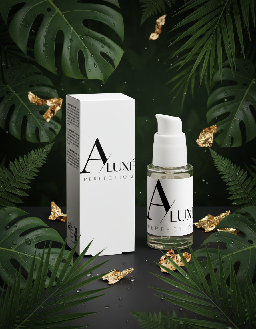 Aluxe Perfection skincare product and packaging on a light gray background