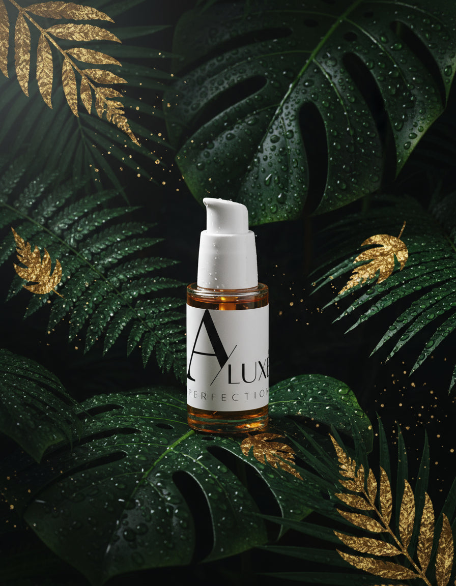 Skincare serum bottle with 'Aluma' branding on a white background