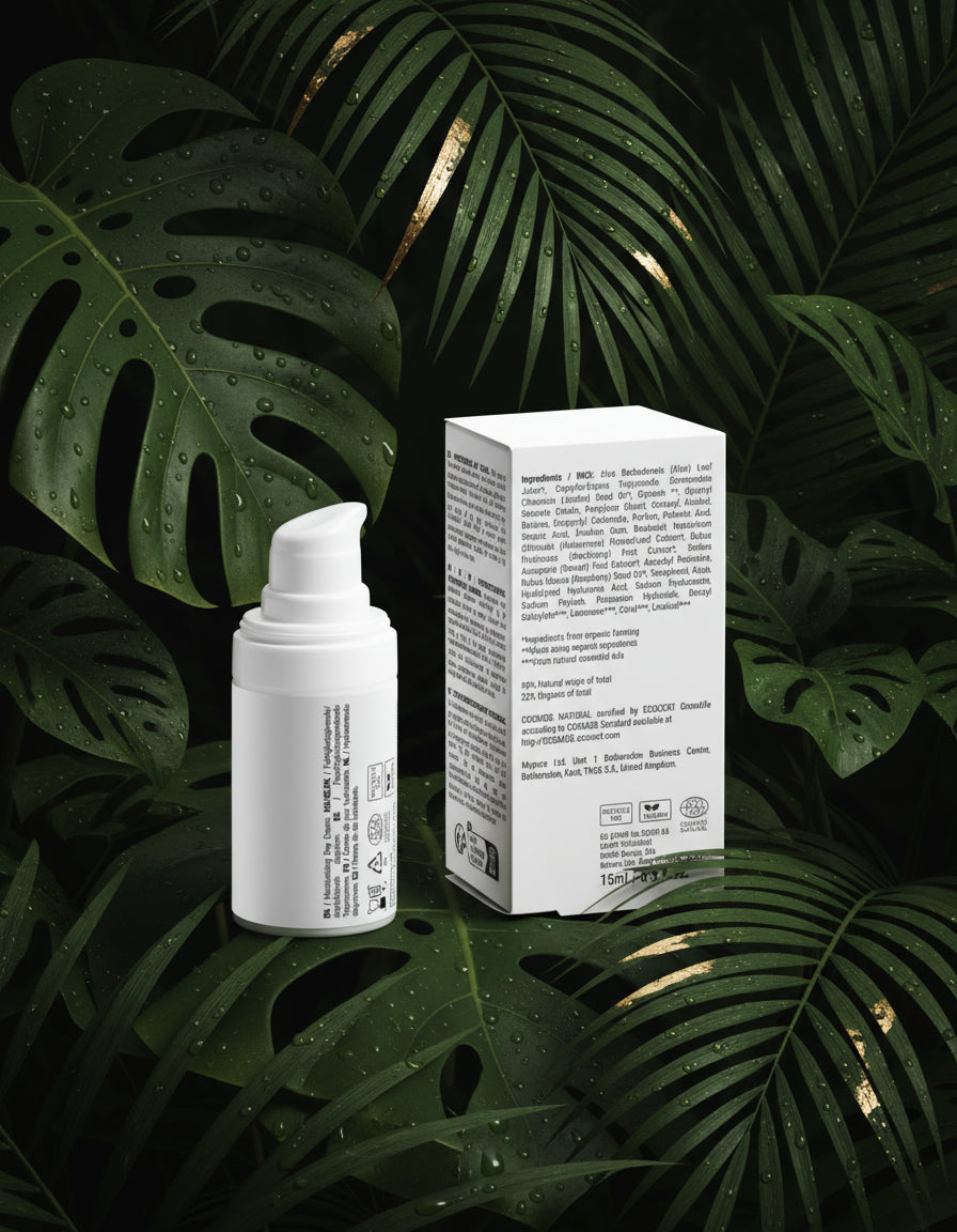 Skincare product and its packaging on a white background