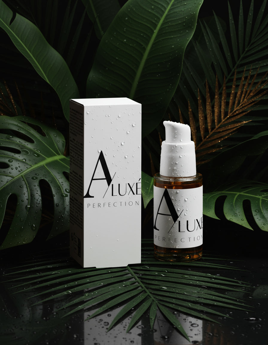 Aluxé Perfection skincare product with packaging on a light gray background