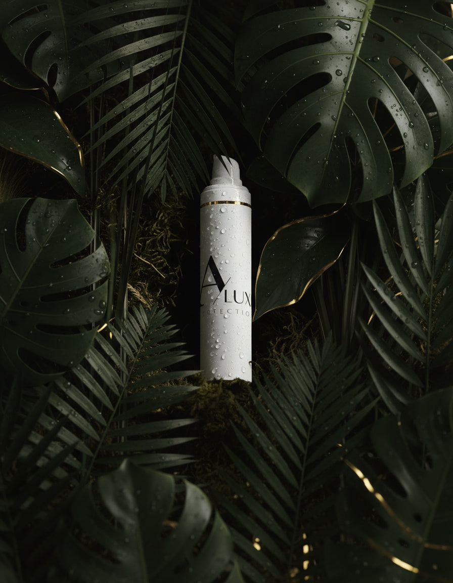 Skincare bottle with 'A'lux' branding on a white surface with greenery in the background