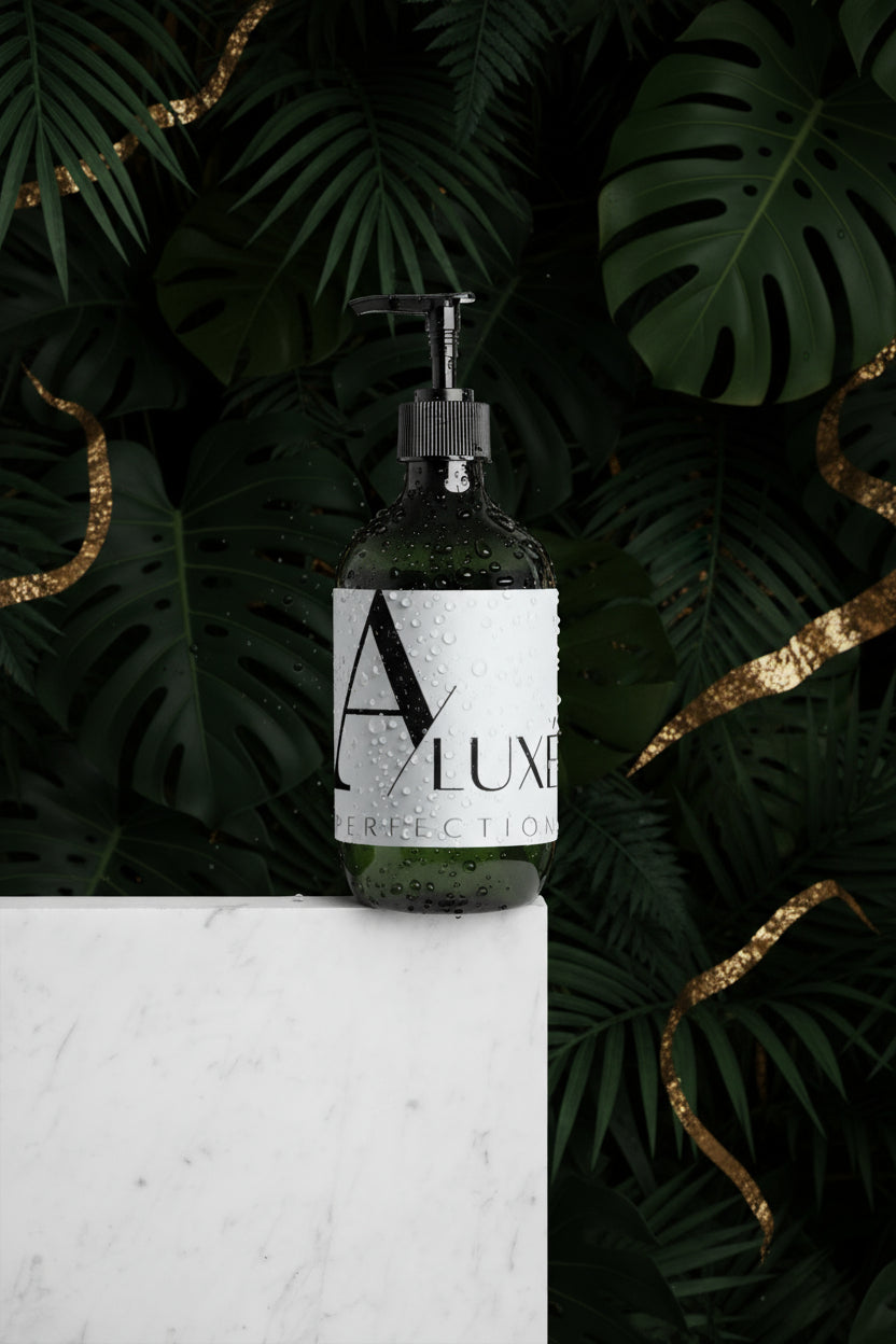 Green bottle with pump labeled 'Aluxe' on a white background