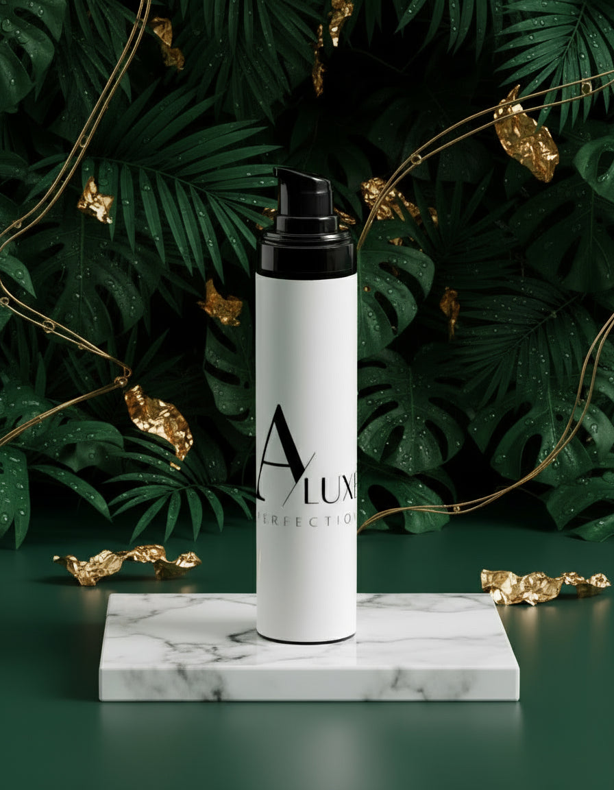 White skincare bottle with black pump on a marble stand against a green background