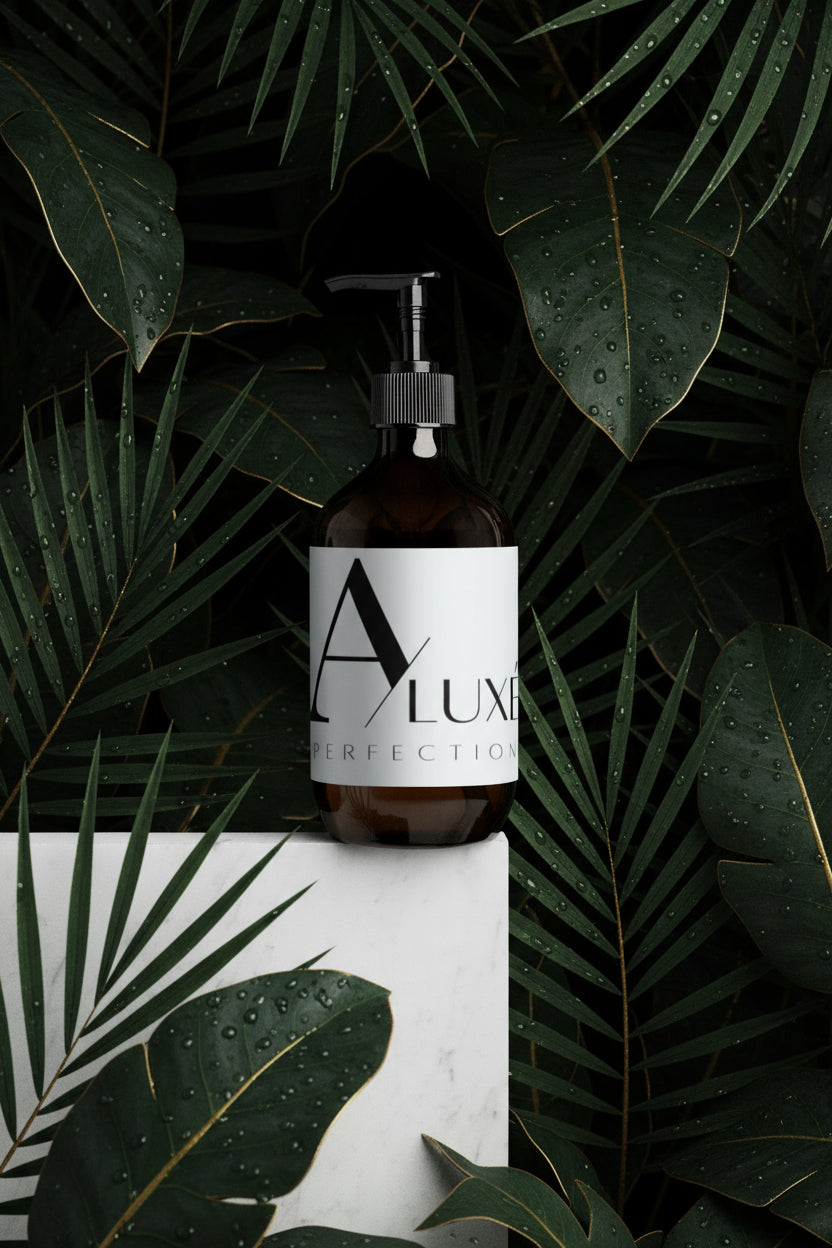 Brown bottle with pump and 'Aluxi Perfection' label on a white background