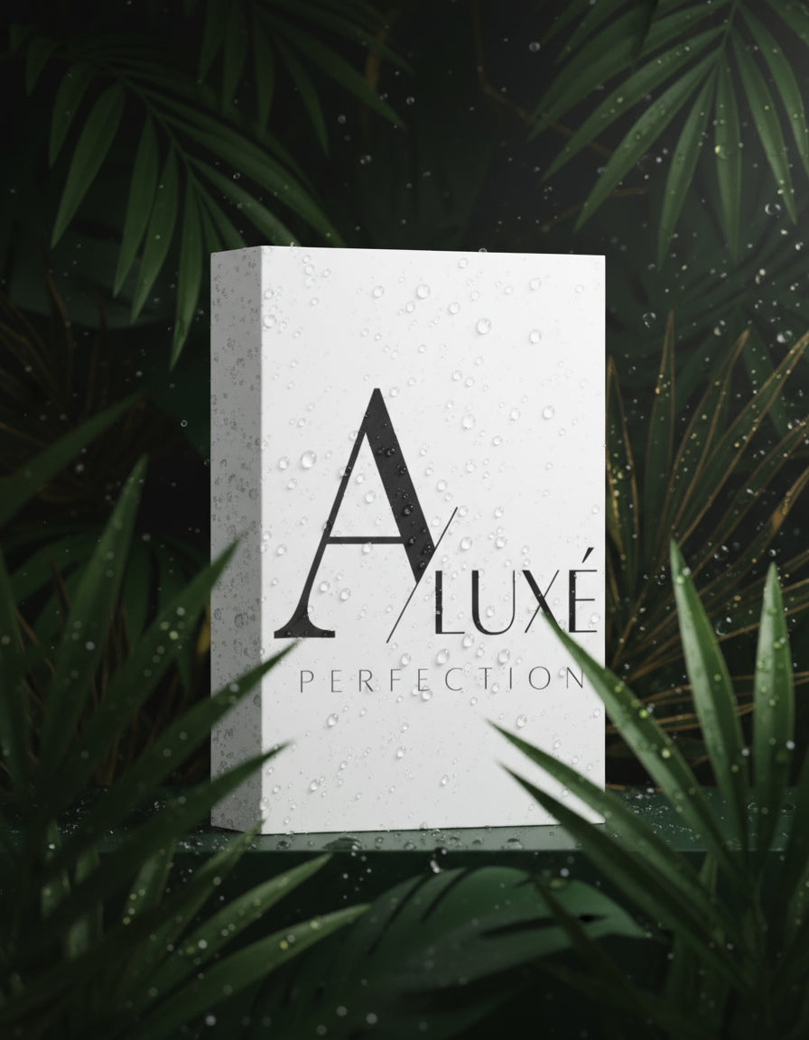 Skincare bottle with 'A'lux' branding on a white surface with greenery in the background
