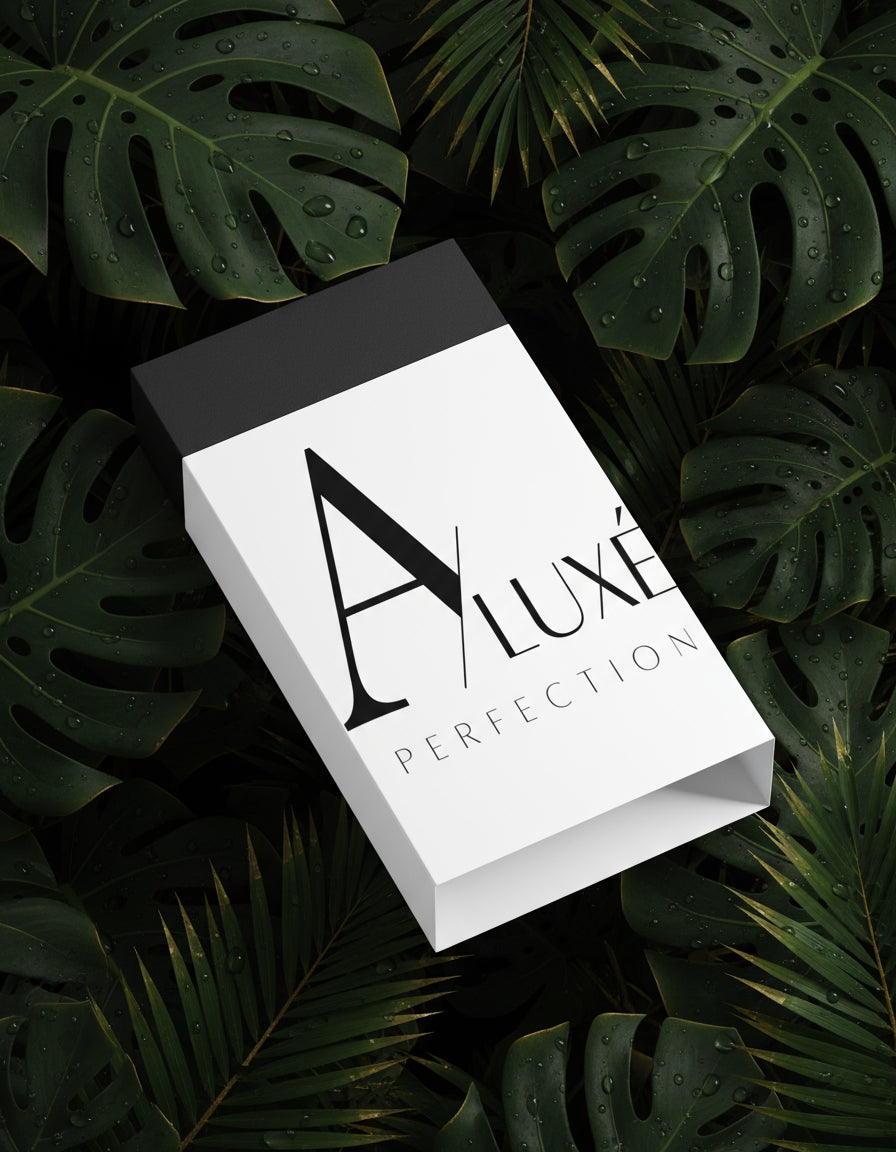 Skincare bottle with 'A'lux' branding on a white surface with greenery in the background

