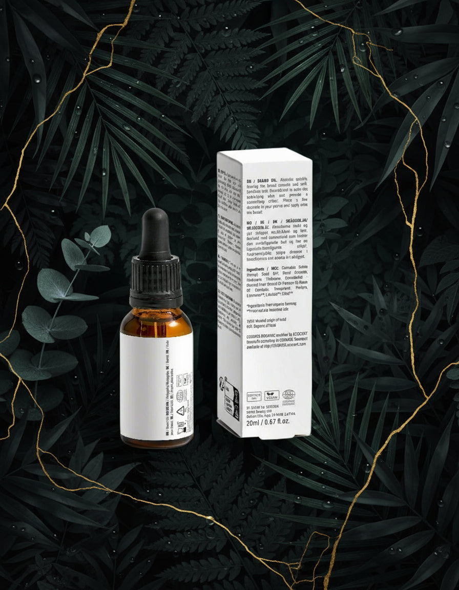 Brown dropper bottle with white label and matching box on a green marble background