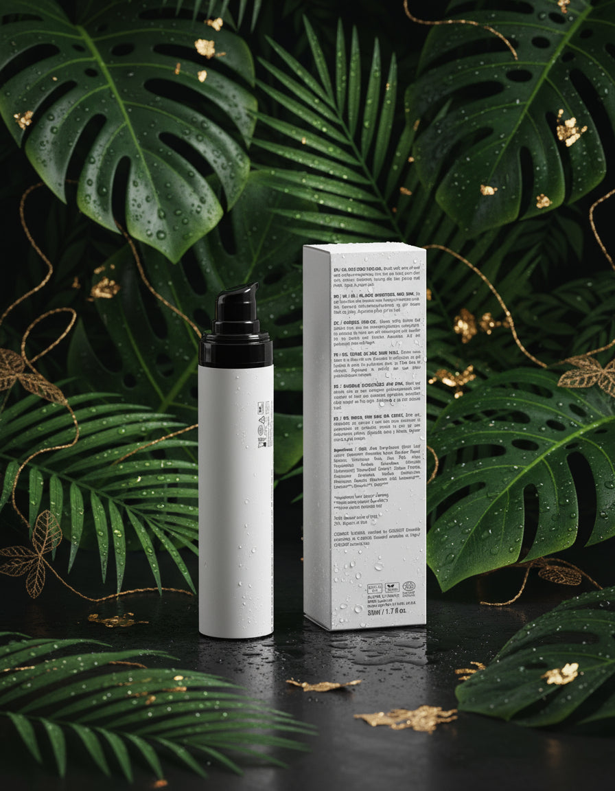 White skincare bottle with black cap and packaging on a marble stand against a green background
