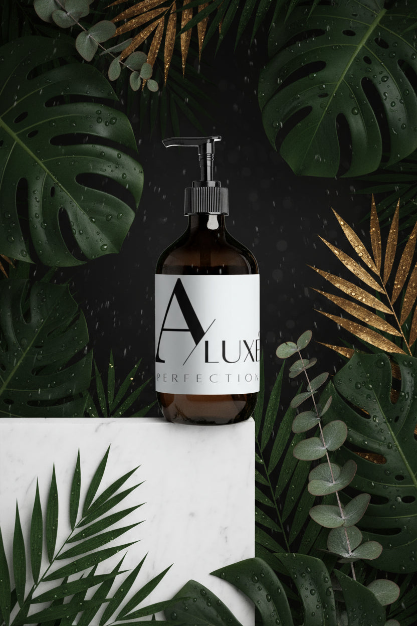 Brown bottle with pump and 'A Luxe Perfections' label on a white background