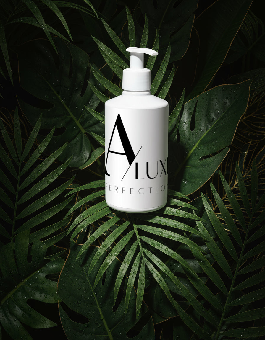 White bottle with 'Alux' branding on a wooden surface