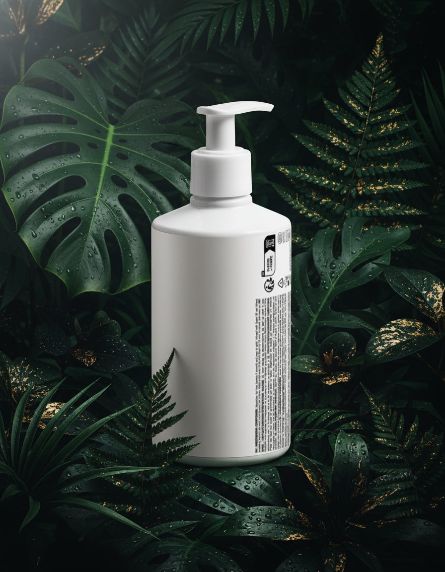 White bottle with pump on a light gray background