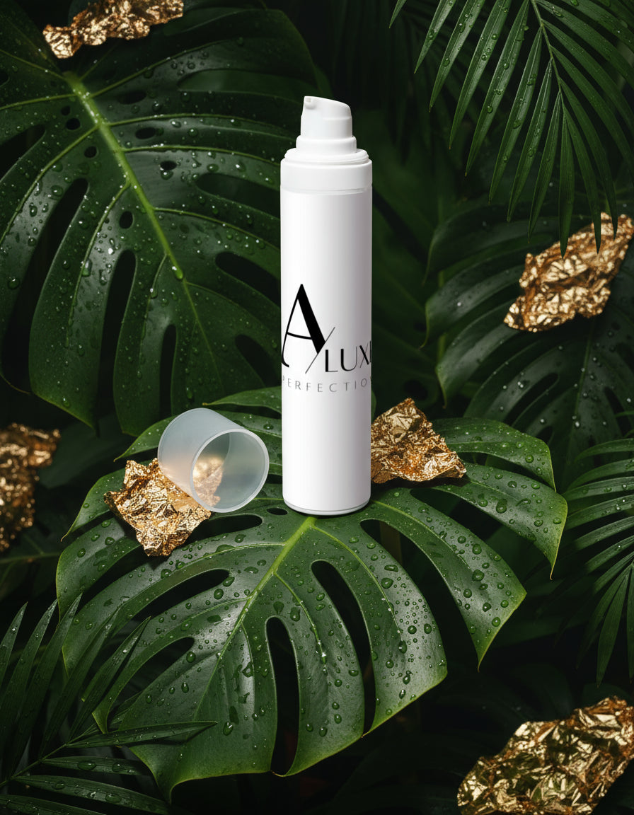 Skincare bottle with 'A'lux' branding on a white surface with greenery in the background

