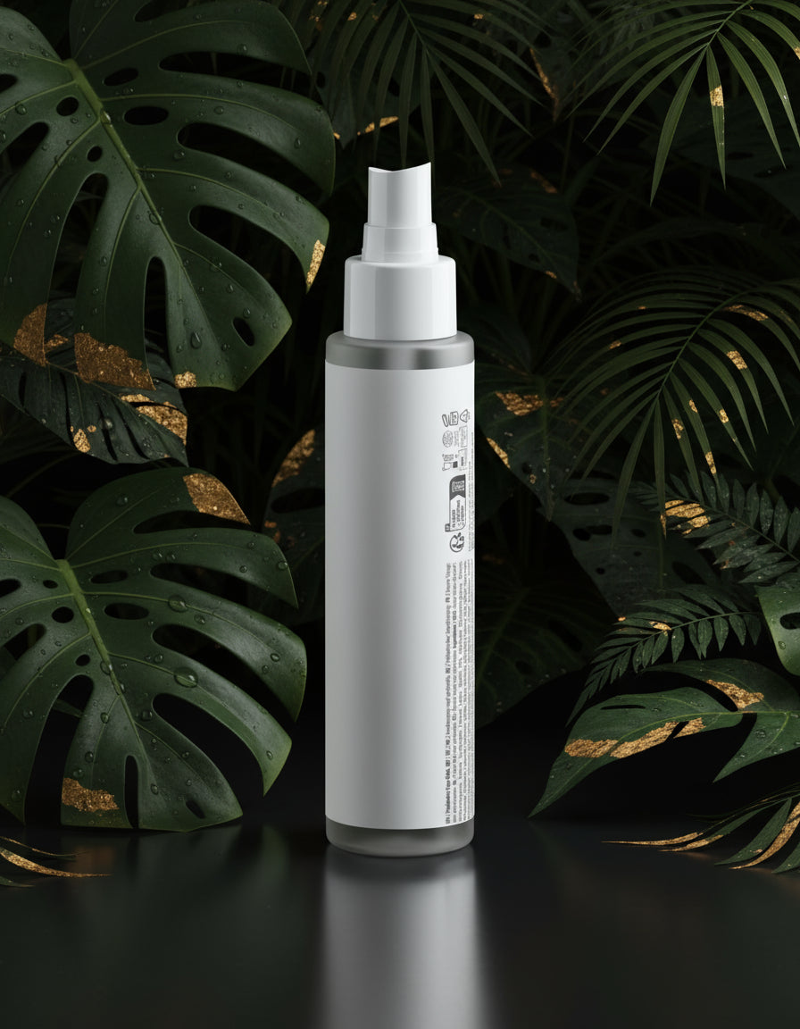 Skincare bottle with 'AluxePerfection branding on a white surface with greenery in the background