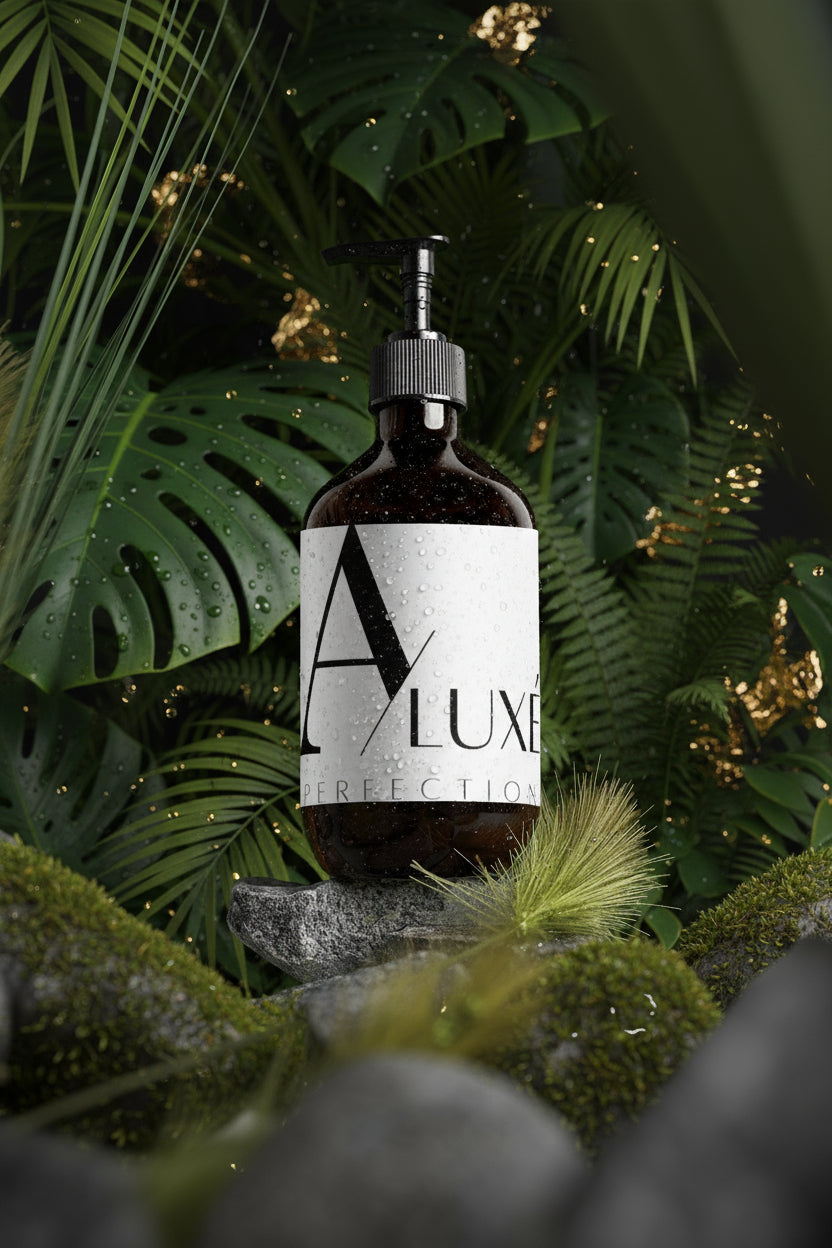Bottle of A Luxe Perfection on a rock with grass in the background