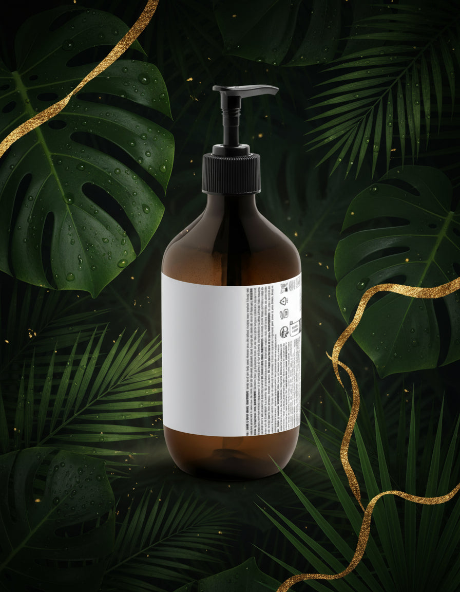 Brown bottle with black pump on a white background