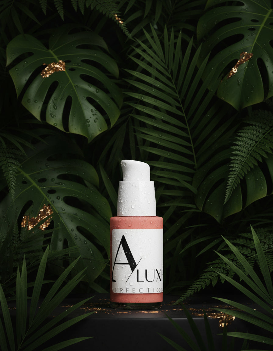 Skincare bottle with 'AluxePerfection branding on a white surface with greenery in the background