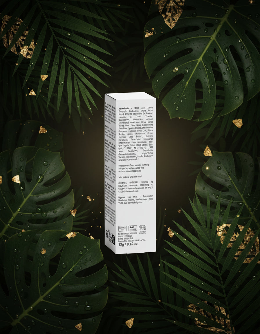 Skincare bottle with 'A'lux' branding on a white surface with greenery in the background
