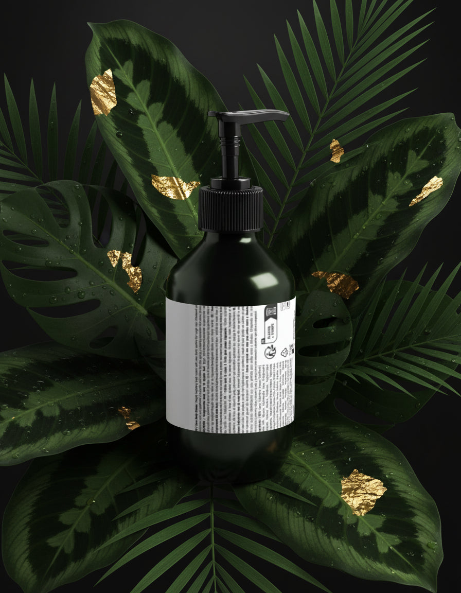 Skincare bottle with 'A'lux' branding on a white surface with greenery in the background