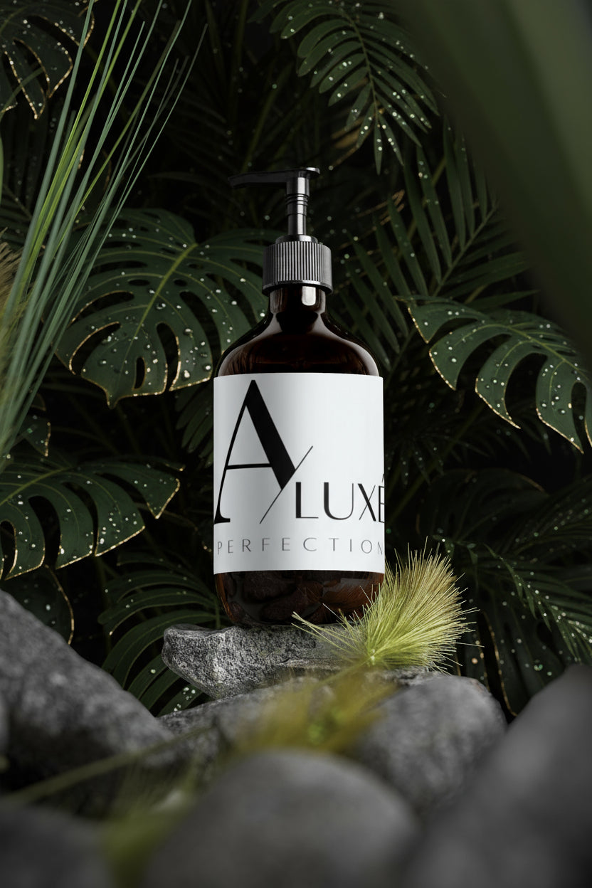 Bottle of A Luxe Perfection on a rock with grass and dark background