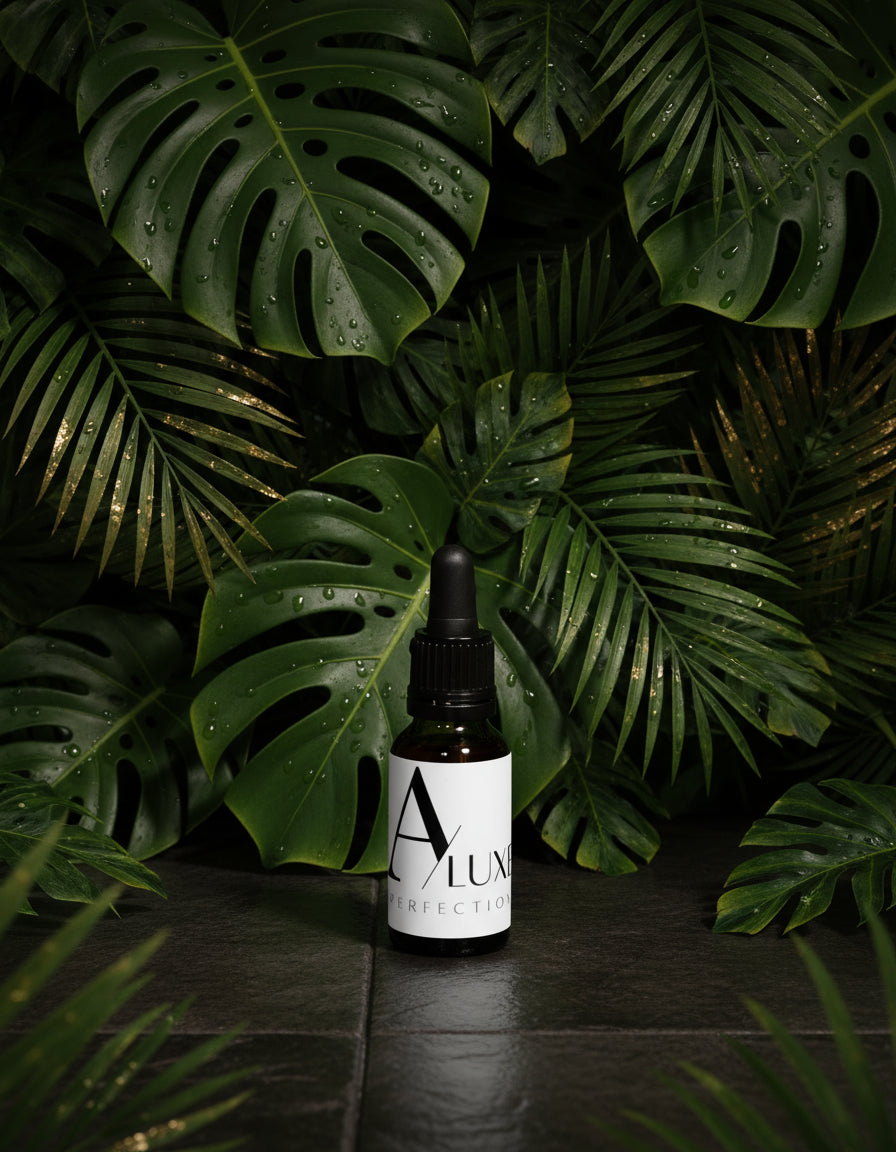 Bottle of A Luxe product on a wooden surface with a brown background