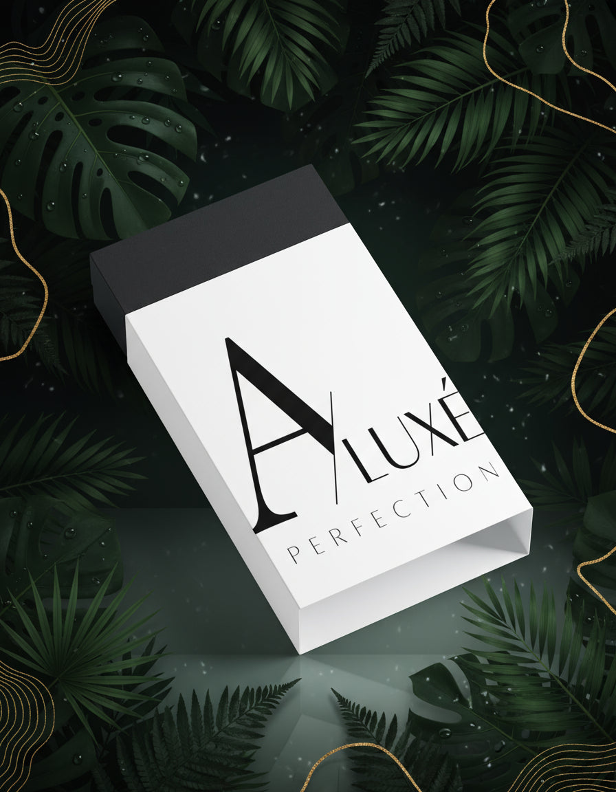 Product packaging with 'A Luxé Perfection' branding on a light gray background