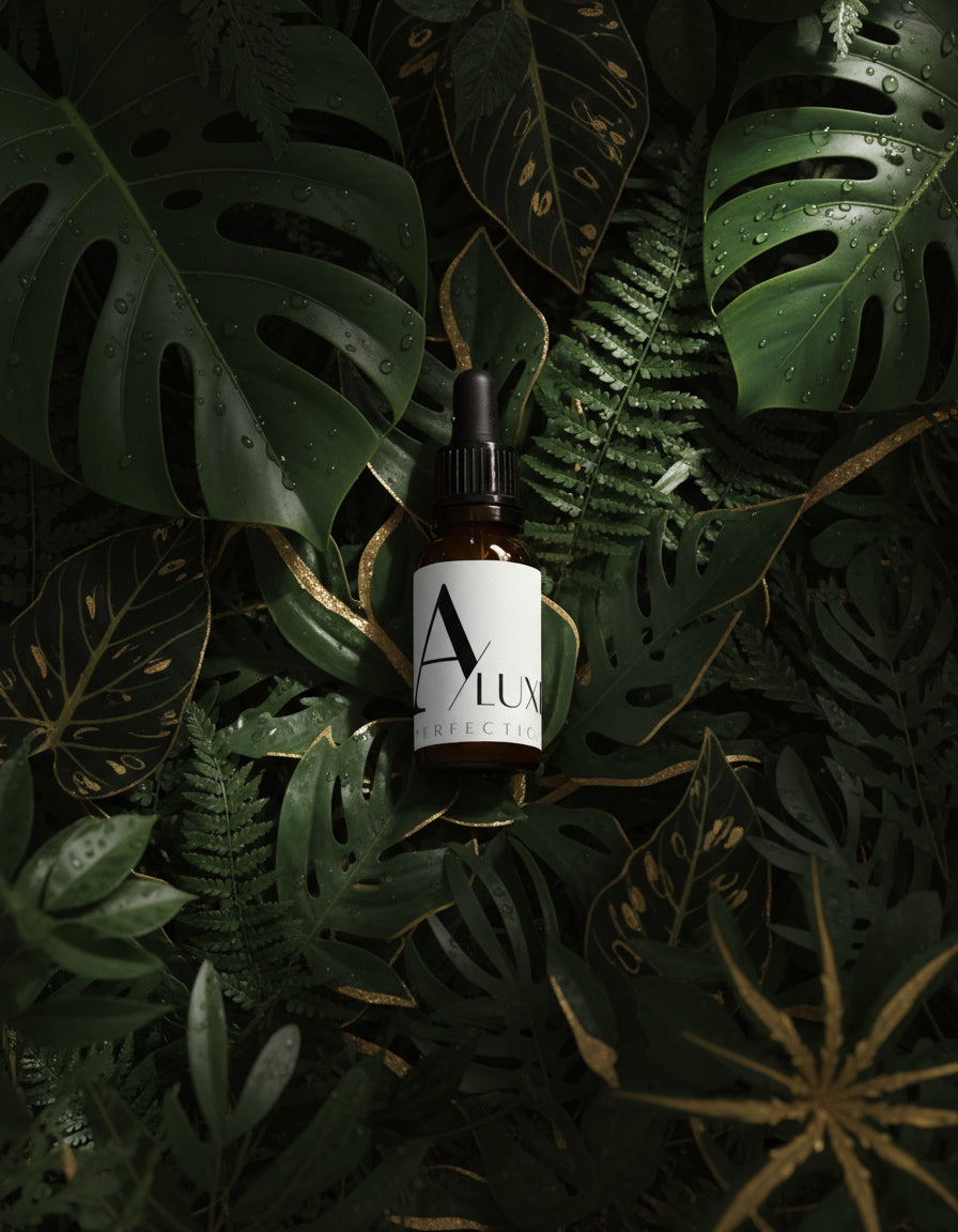 Brown bottle with dropper labeled 'Alux' on a grassy background