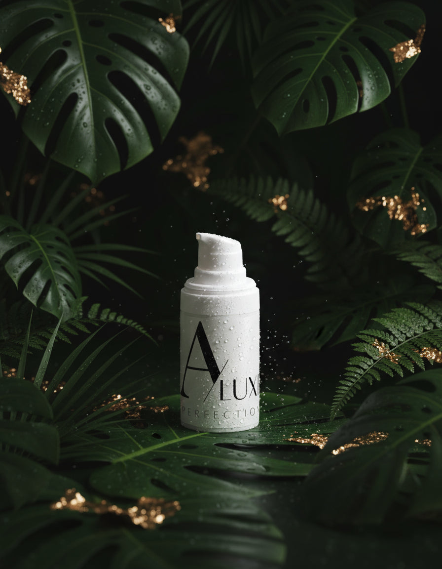 Skincare bottle with 'A'lux' branding on a white surface with greenery in the background

