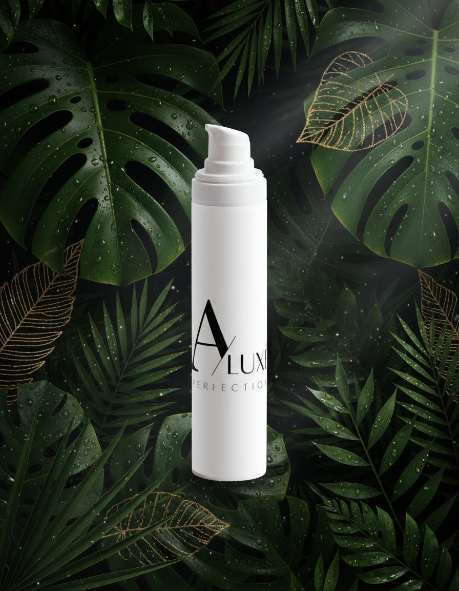 Skincare bottle with 'AluxePerfection branding on a white surface with greenery in the background