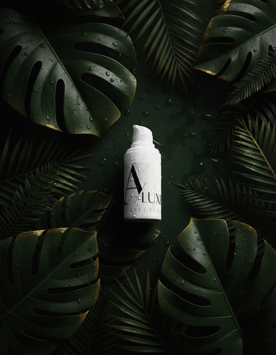 White spray bottle labeled 'Alu' on a bed of green leaves