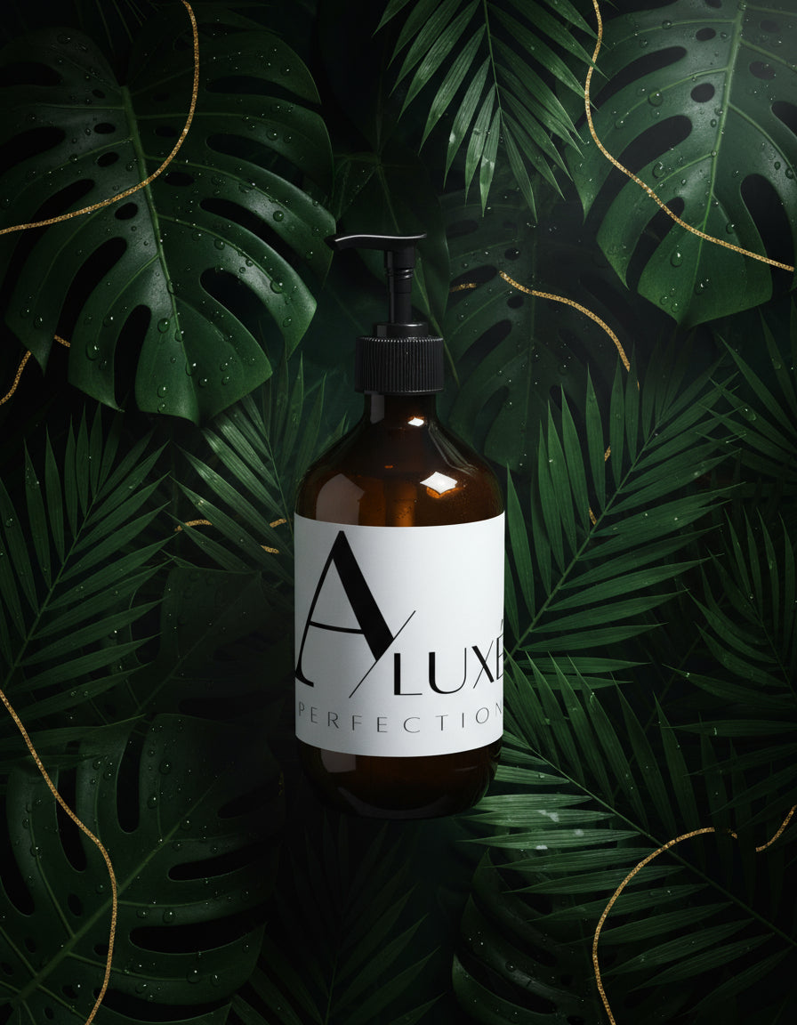 Skincare bottle with 'A'lux' branding on a white surface with greenery in the background