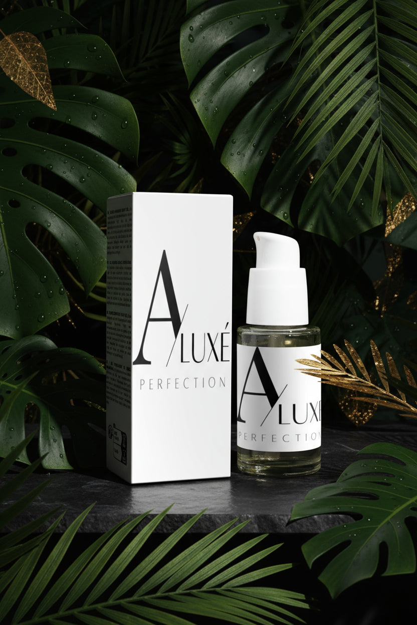 Skincare bottle with 'A'lux' branding on a white surface with greenery in the background