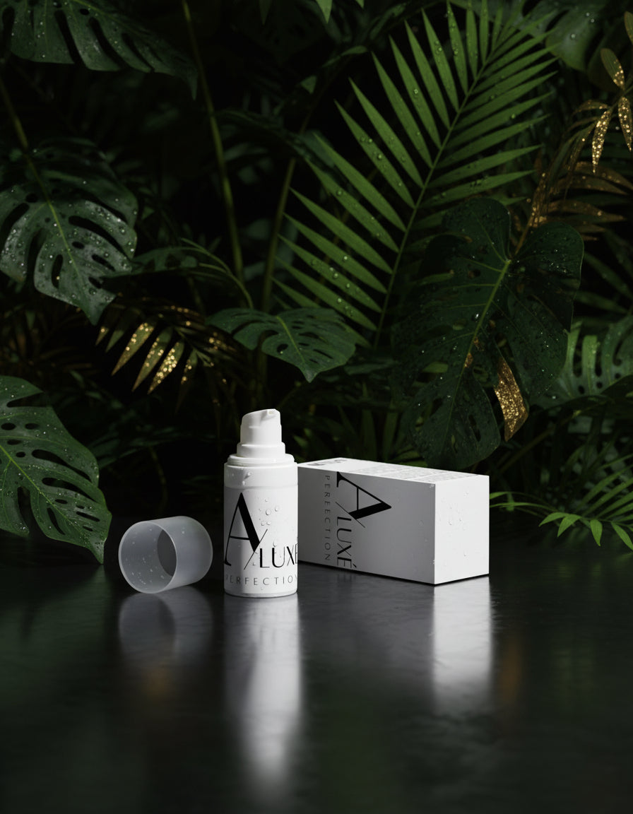 White skincare product with packaging on a white surface with greenery in the background