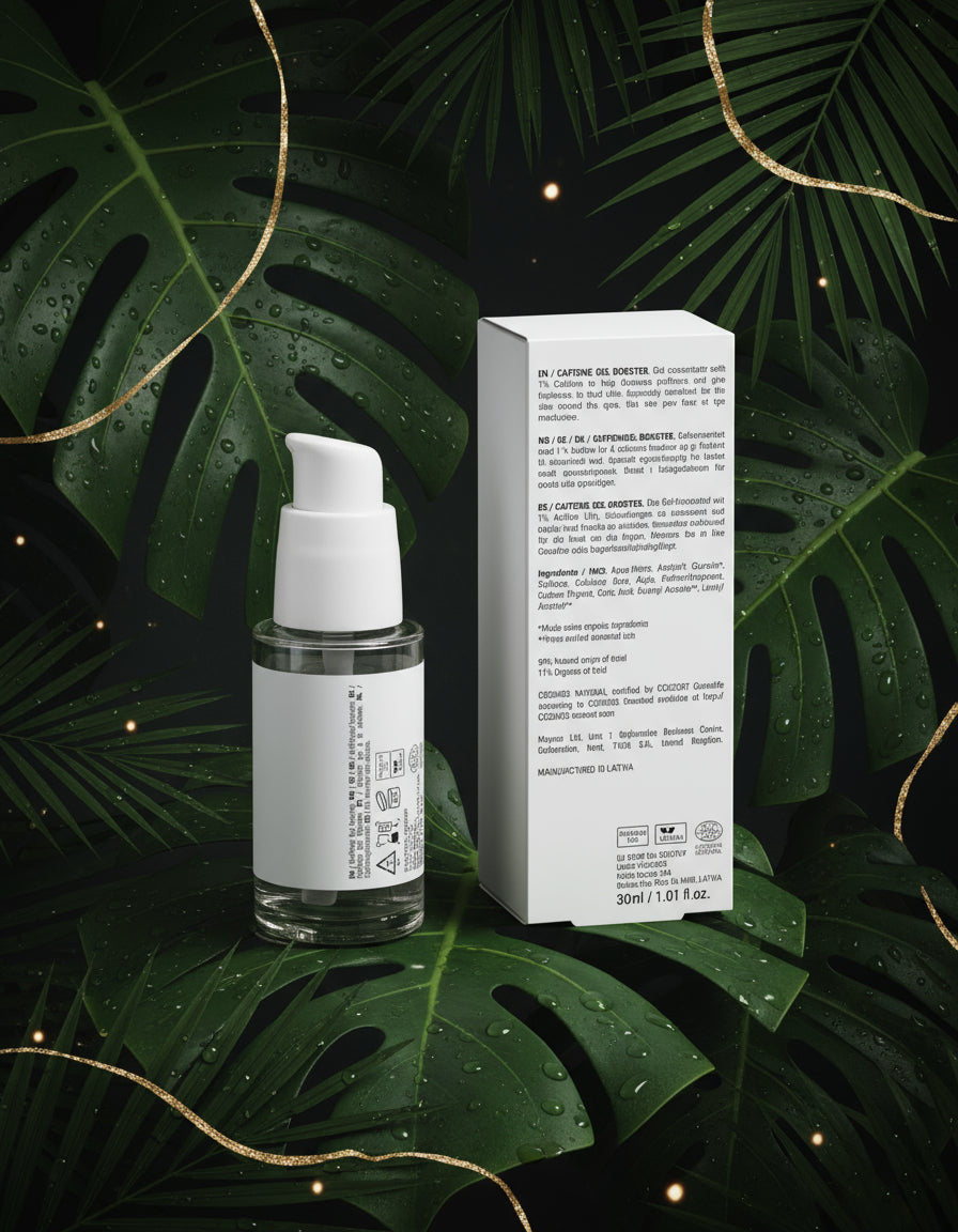 Skincare serum bottle with packaging on a white background