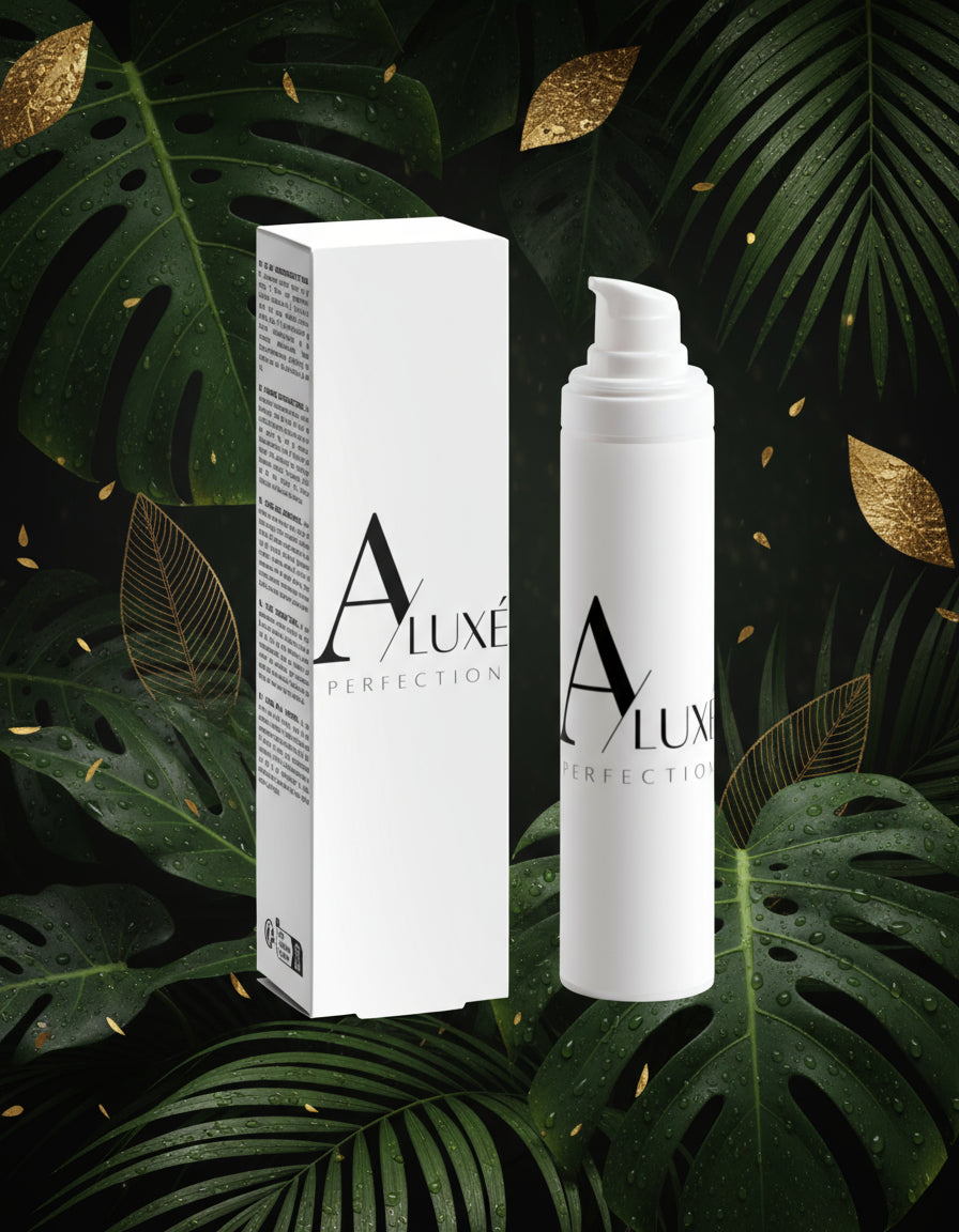 Skincare bottle with 'A'lux' branding on a white surface with greenery in the background

