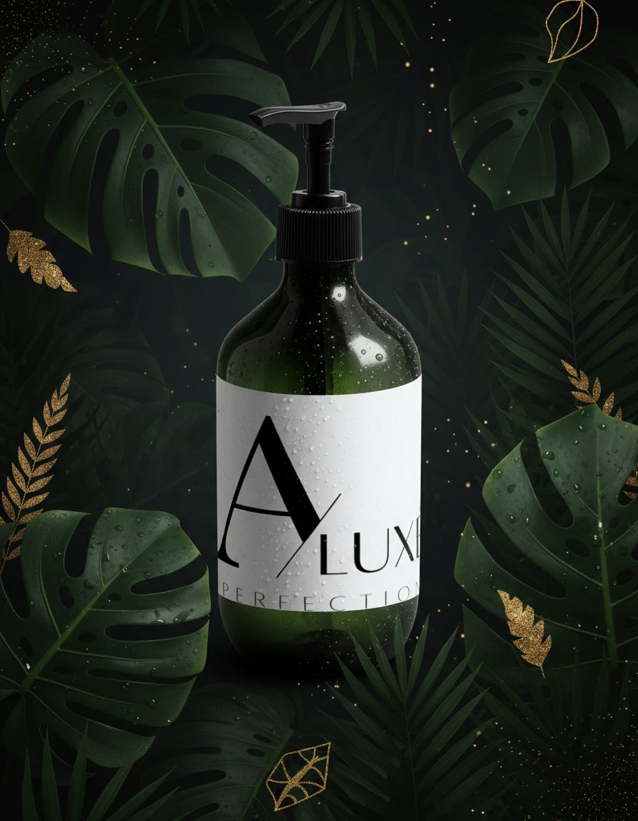 Skincare bottle with 'A'lux' branding on a white surface with greenery in the background