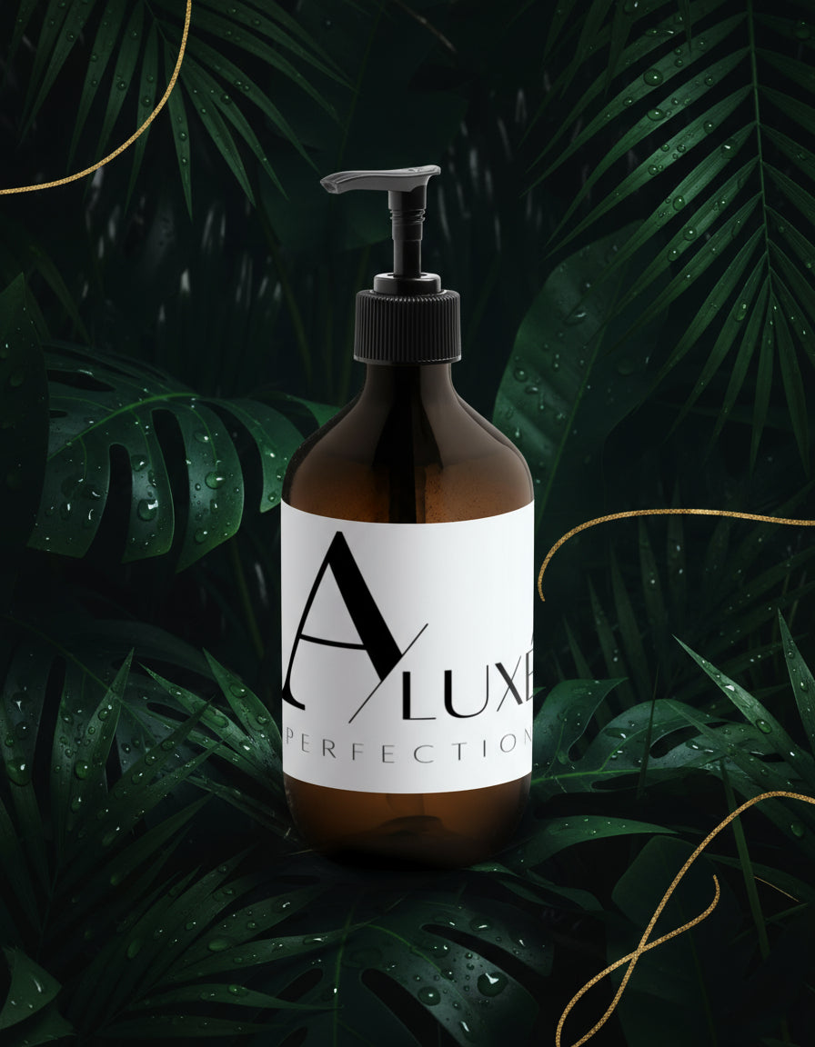 Brown bottle with a pump and 'Aluxe Perfection' label on a white background
