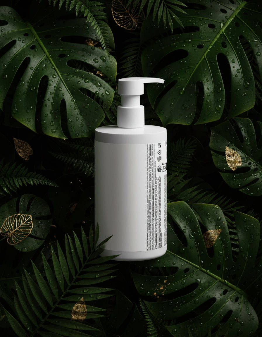 White bottle with pump on a green and gold abstract background