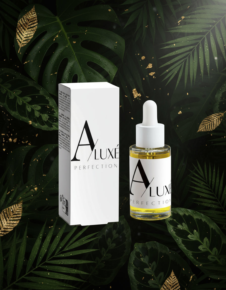 A Luxe Perfection dropper bottle and packaging on a leafy background