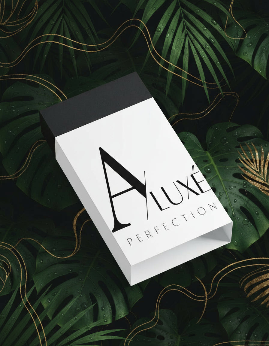 Skincare bottle with 'AluxePerfection branding on a white surface with greenery in the background
