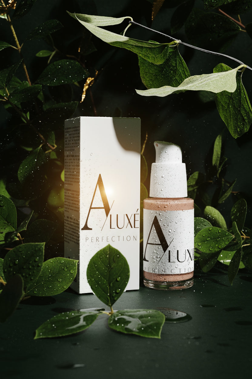 Skincare bottle with 'A'lux' branding on a white surface with greenery in the background
