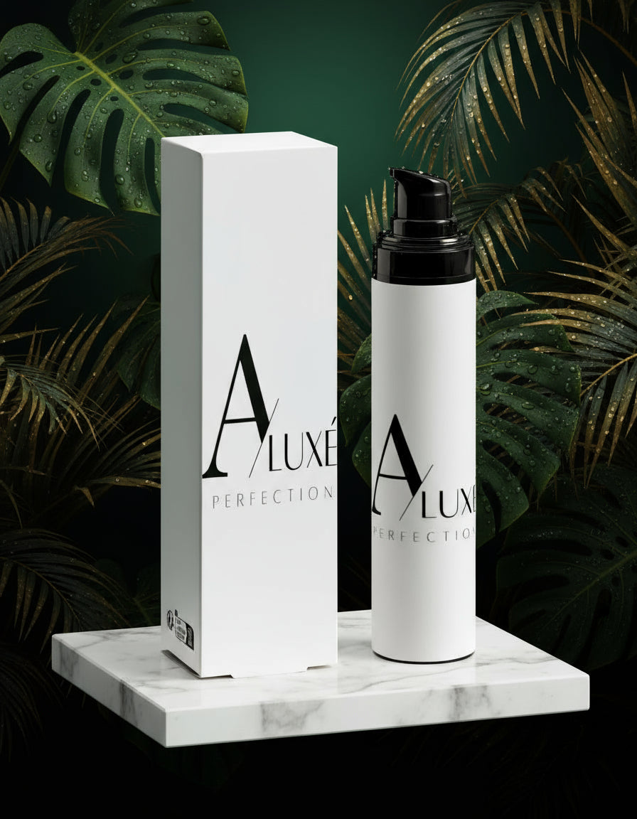 Aluxe Perfection skincare product and packaging on a green background with marble base