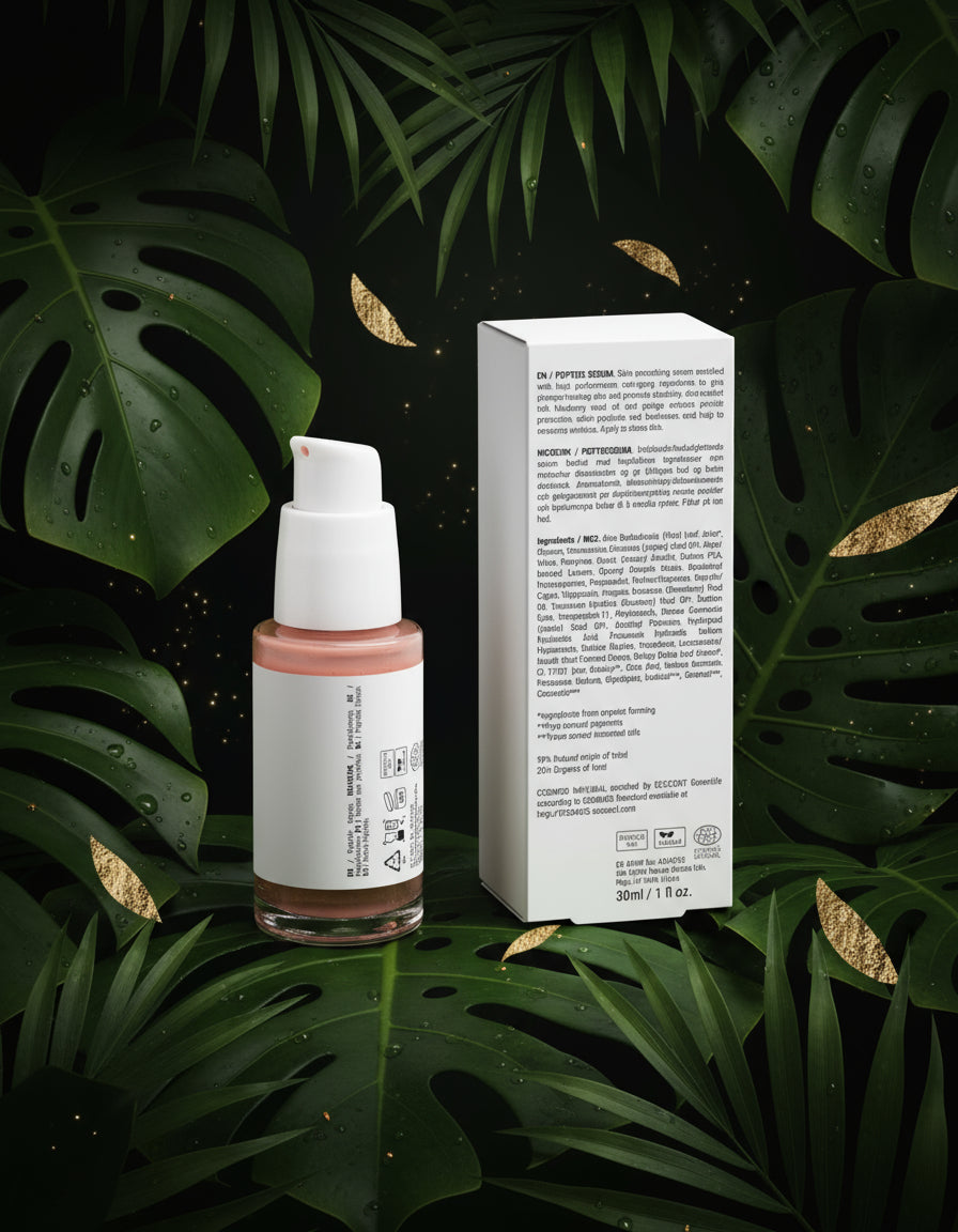 Skincare bottle with 'AluxePerfection branding on a white surface with greenery in the background