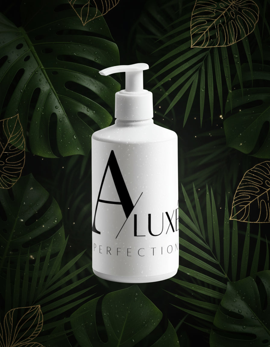 White bottle with pump labeled 'Aluxe Perfection' on a light gray background