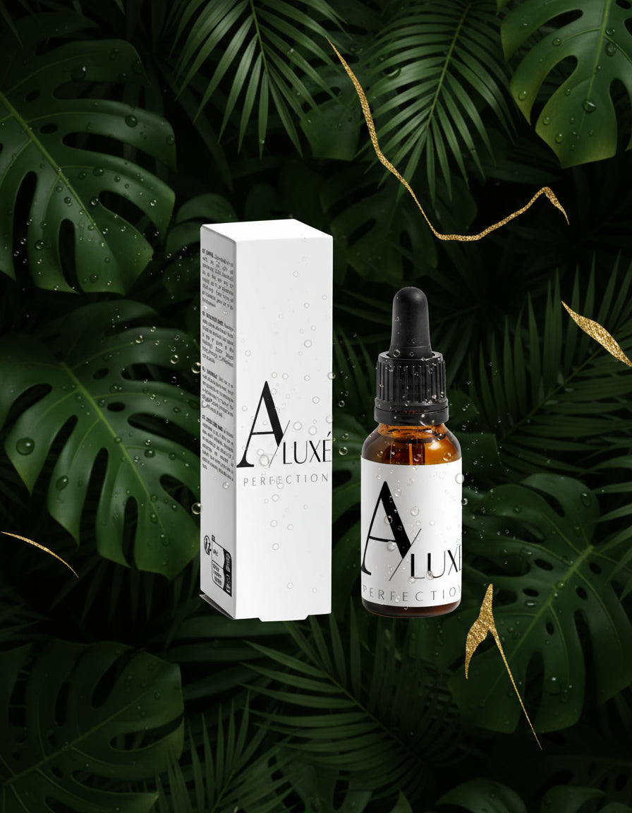 Skincare bottle with 'A'lux' branding on a white surface with greenery in the background
