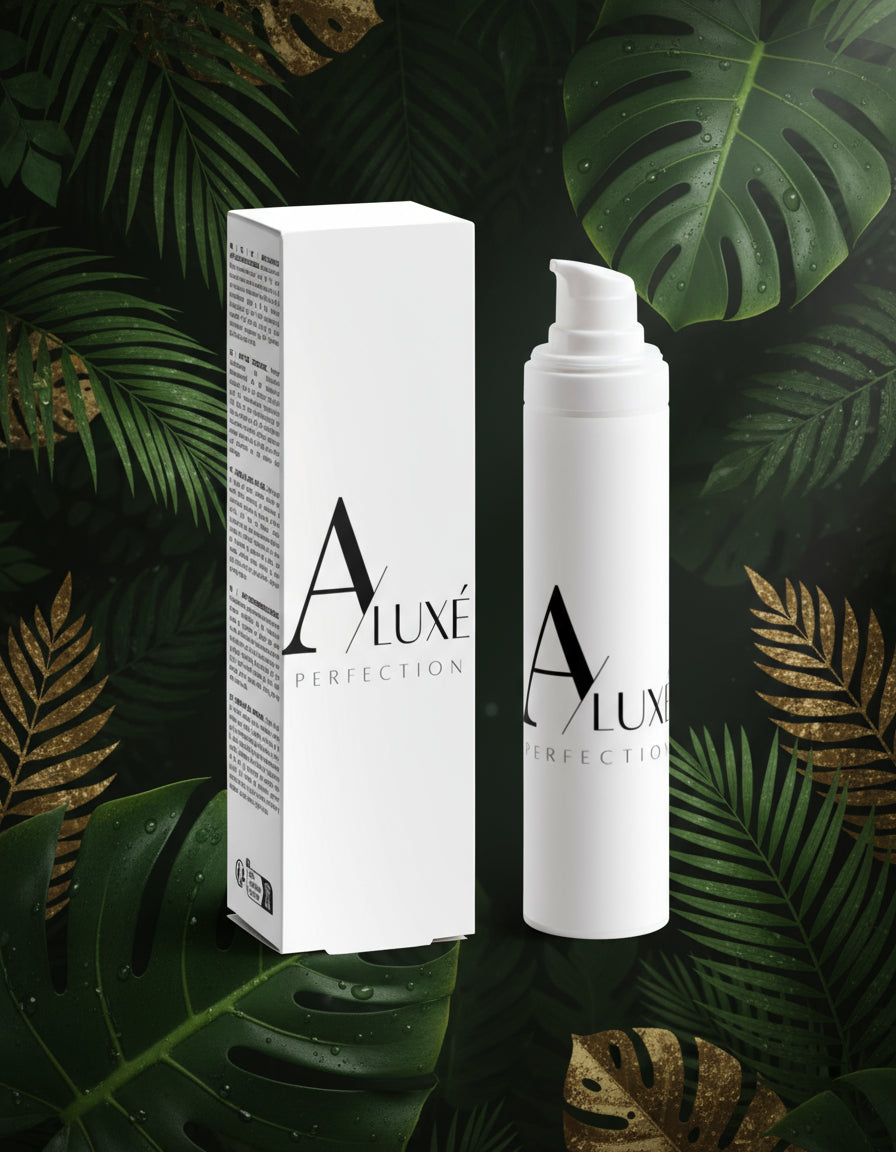 Skincare bottle with 'AluxePerfection branding on a white surface with greenery in the background
