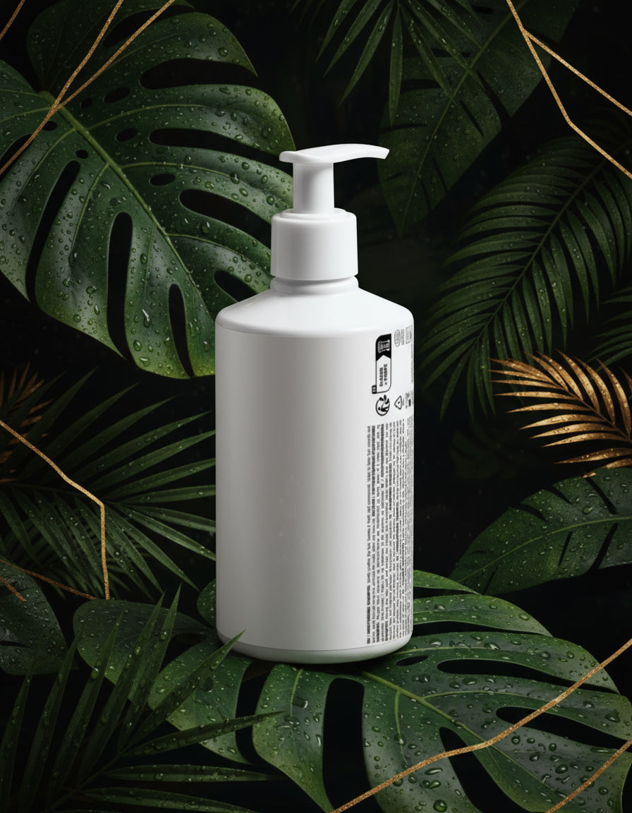 White bottle with pump dispenser on a green marble background