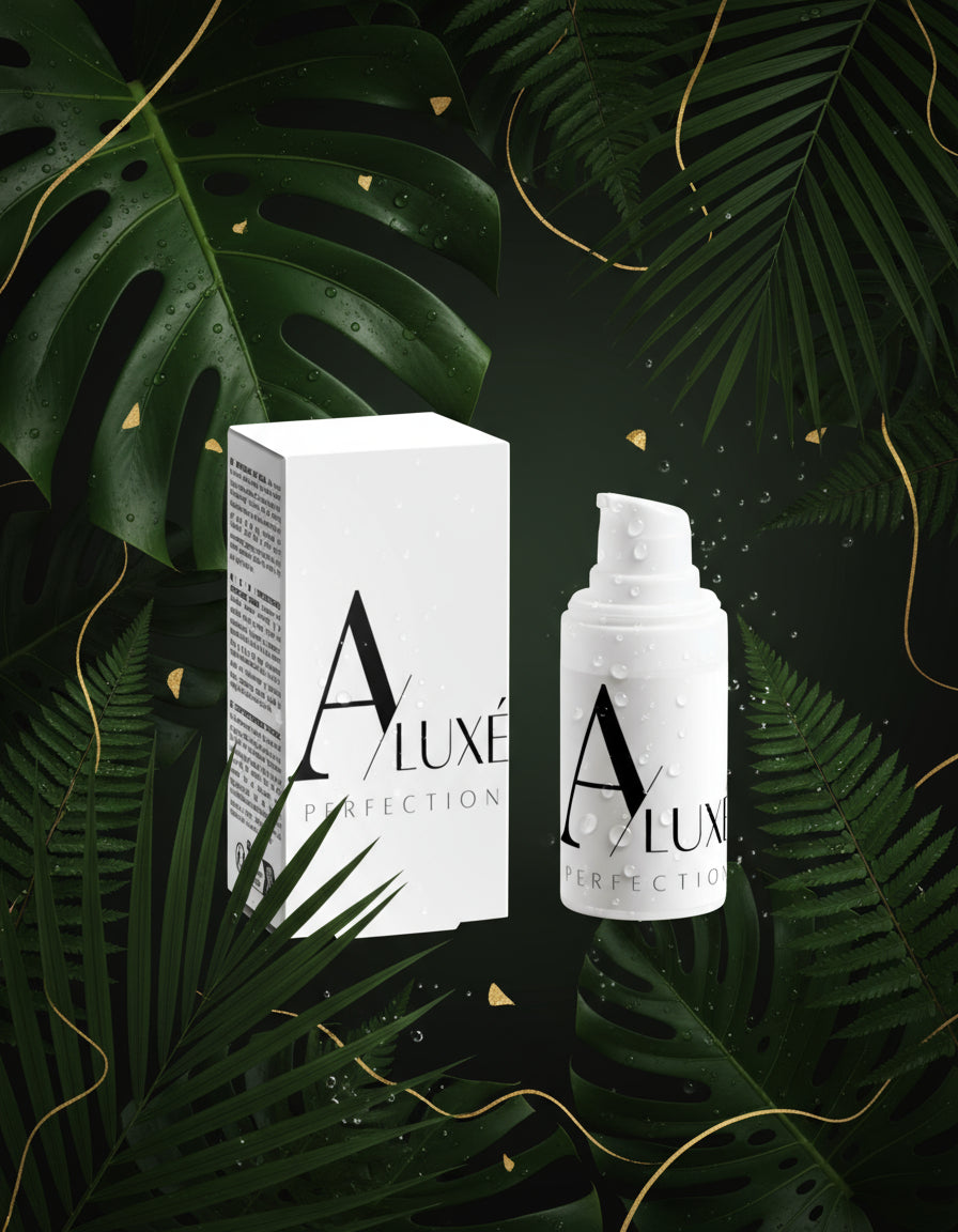 Skincare bottle with 'A'lux' branding on a white surface with greenery in the background

