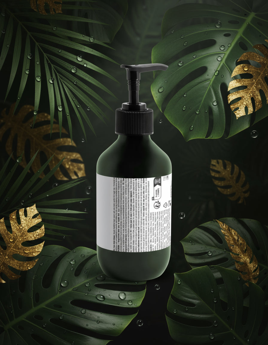 Skincare bottle with 'A'lux' branding on a white surface with greenery in the background
